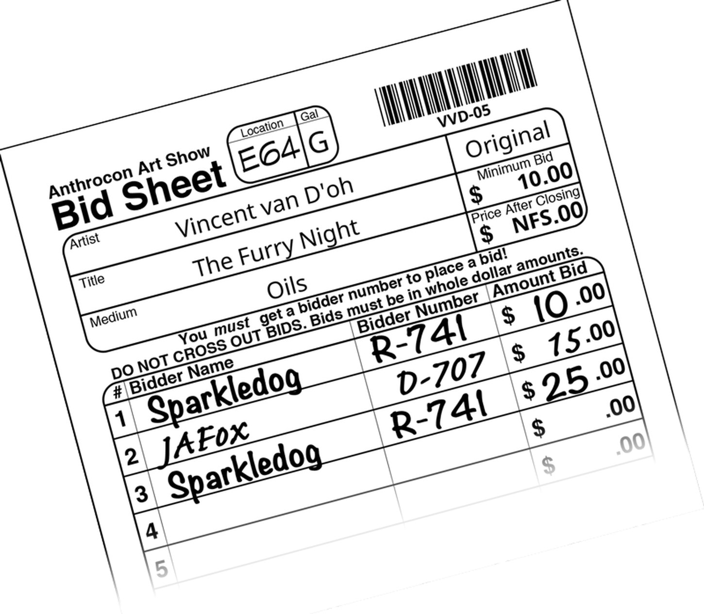 An Anthrocon Art Show bidding sheet.